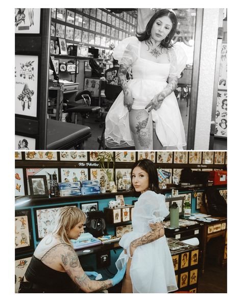 Matching tattoos on your wedding day? I say yes 👏🏻 Tattoo Artist At Wedding Reception, Tattoos At Wedding, Relationship Moodboard, Tattoo Bride, Tattoo Photoshoot, Chic Nostalgia, Tattooed Bride, Tattoo Wedding, Little White Chapel