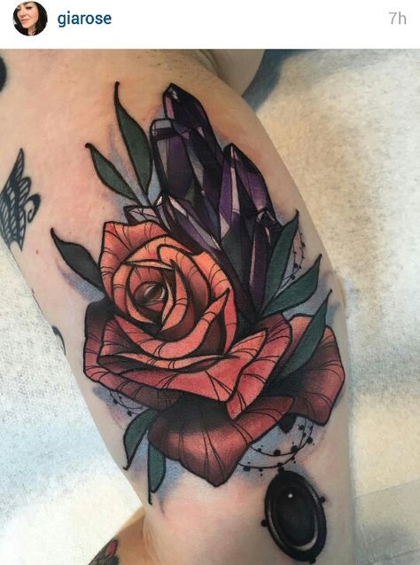 Rose and crystal tattoo by Gia Rose Rose Forearm Tattoo, Neo Traditional Tattoos, Nouveau Tattoo, Crystal Tattoo, Tattoo Shading, Badass Tattoos, Traditional Tattoos, Time Tattoos, Neo Traditional