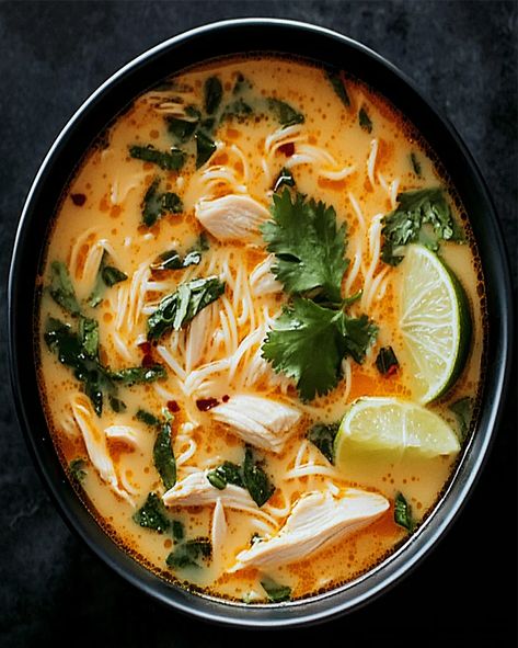 Spicy Thai Chicken Noodle Soup with Coconut and Lime - optimal recipes Thai Instapot Recipes, Crock Pot Thai Soup, Healthy Spicy Soup, Thai Chicken Soup Recipes, Thai Coconut Noodle Soup, Thai Chicken Noodle Soup Easy, Coconut Thai Soup, Coconut Chicken Soup Thai, Spicy Thai Noodle Soup