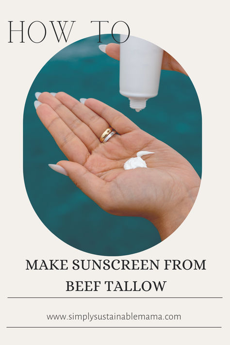 A woman squeezing a dollop of homemade beef tallow sunscreen from a container into her open palm, demonstrating the texture and consistency of the DIY product while highlighting the unique, natural ingredients used in this tutorial on creating sunscreen from beef tallow. Beef Tallow Sunscreen Recipe, Diy Tallow Sunscreen, Beef Tallow Sunscreen, Tallow Sunscreen Recipe, Tallow Sunscreen, Natural Sunscreen Recipe, Sunscreen Recipe, Zinc Sunscreen, Homemade Skincare