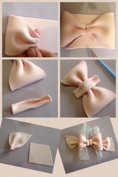 bow tutorial. great idea for my granddaughters snow white bday party Fondant Bows, Kue Fondant, Tårta Design, Fondant Tips, Fondant Techniques, Cakes To Make, Fondant Bow, Idee Babyshower, Fondant Tutorial