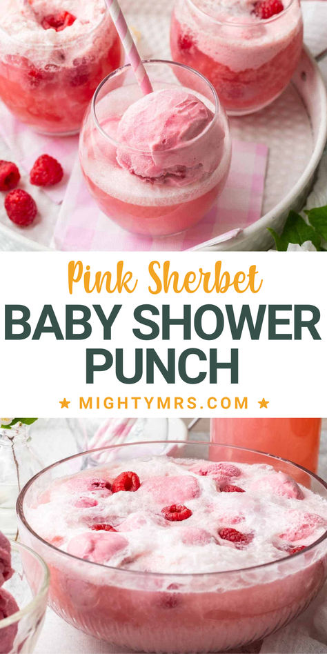 This pink sherbet punch is perfect for any occasion, but is especially pretty for a baby shower. This frothy pink punch made with raspberry sherbet and ginger ale is one of my favorite party beverages! Are you planning an event with pink as the main color? This punch would fit right in. Pink Shower Punch, Punch Recipes Pink, Raspberry Sorbet Punch, Frozen Pink Lemonade Punch, Pink Sherbet Punch Recipes, Pink Colored Drinks, Pink Baby Shower Food Ideas, Pink Punch For Baby Shower Recipe Easy, Punch For Baby Shower Recipe