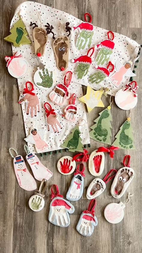 Baby Ordiment Ideas Diy, Salt Dough Keepsake Ornaments, Feet Print Christmas Crafts, Hand Print Art For Babies, Foot Salt Dough Ornaments, Kids Hand Print Ornaments, Clay Handprint Christmas Ornaments, Mistletoe Crafts For Toddlers, Homemade Keepsake Christmas Ornaments