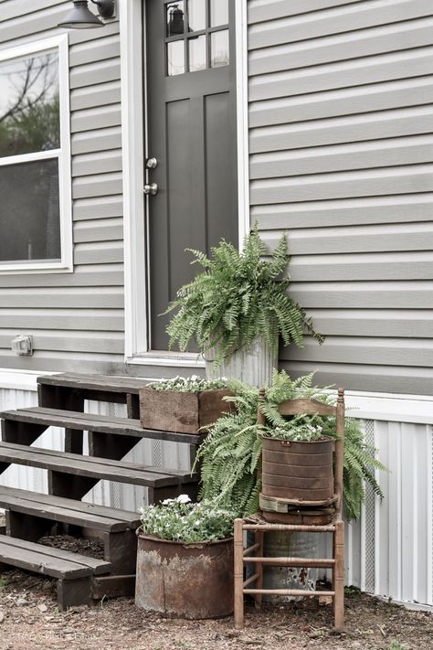 Outdoor Planters Front Door, Mobile Home Landscaping, Mobile Home Front Porch, Double Wide Remodel, Spring Planters, Mobile Home Exteriors, Mobile Home Makeovers, Spring Planter, Front Door Makeover