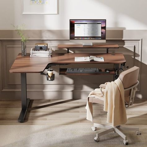 Eureka 61" Modern Home Office L-shaped Desk Electirc Adjustable Standing Corner Desk - On Sale - Bed Bath & Beyond - 36629432 Corner Standing Desk, Desk With Keyboard Tray, Small Computer Desk, Cozy Home Office, Keyboard Tray, Adjustable Height Standing Desk, Stand Up Desk, Home Office Furniture Desk, Adjustable Standing Desk