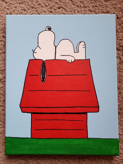 Simple Small Canvas Art, Snoopy On Doghouse, Snoopy Paintings On Canvas Easy, Dog Painting Ideas On Canvas, Easy Painting Ideas On Canvas Cartoon, Snoppy Paintings, Small Canvas Acrylic Painting Ideas, Simple Cartoon Paintings On Canvas, Cute Disney Paintings