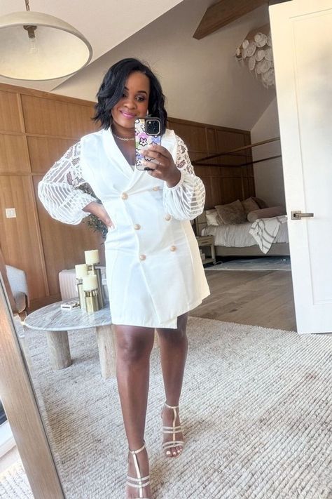 This white dress blazer was a hit for my moms 70th birthday party last week. It's a great dress for a Summer chic outfit, bridal shower outfit or wedding outfit for your reception! I paired it with white heels to top off the look for the night. Tap to shop this look! Staff Party Outfit, Blazer And Dress Outfit, Moms 70th Birthday, Blazer And Dress, Summer Chic Outfit, Visualization Board, Realistic Fashion, Staff Party, 70th Birthday Party