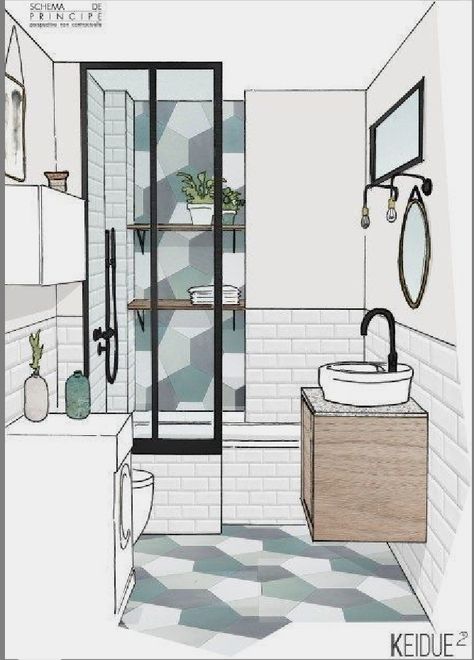 Bathroom Sketch, Bathroom Neutral, Interior Design Sketchbook, Furniture Design Sketches, Interior Design Renderings, Interior Architecture Drawing, Drawing Interior, Interior Design Drawings, Interior Design Sketch