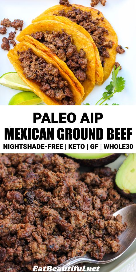 AIP Mexican Ground Beef is a great way to enjoy a variety of nightshade-free easy Mexican dinners! Use on salads, in tortillas, to make quick soup and for bowls. Also Paleo, Whole30, Gluten-free and Keto. | Eat Beautiful | aip | mexican | ground beef | nightshade free || #aip #mexican #recipe #ground #beef #nightshadefree Aip Mexican, Ground Beef Meal Prep, Beef Meal Prep, Mexican Ground Beef, Recipe Ground Beef, Mexican Dinners, Nightshade Free Recipes, Eat Beautiful, Recipes List