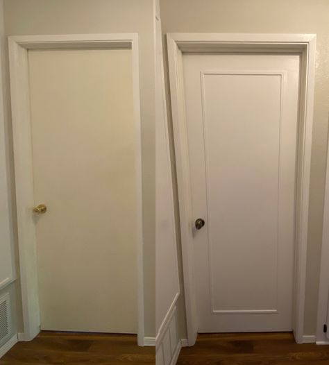 Adding some trim, new hardware, and a fresh coat of paint completely transformed plain interior doors. How To Redo Interior Doors, Adding Paneling To Doors, Upgrading Flat Panel Doors, Adding Trim To Doors, Interior Door Upgrade, Plain Door Makeover, Interior Door Diy, Trim On Doors, Diy Door Trim