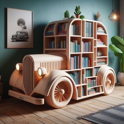 Mix vintage car and bookshelf 🚗 Furniture Details Drawing, Bookshelf Designs, Popsicle Stick Crafts House, Details Drawing, Design Creative Ideas, Creative Car, Bedroom Door Design, Kids Room Furniture, Baby Room Inspiration