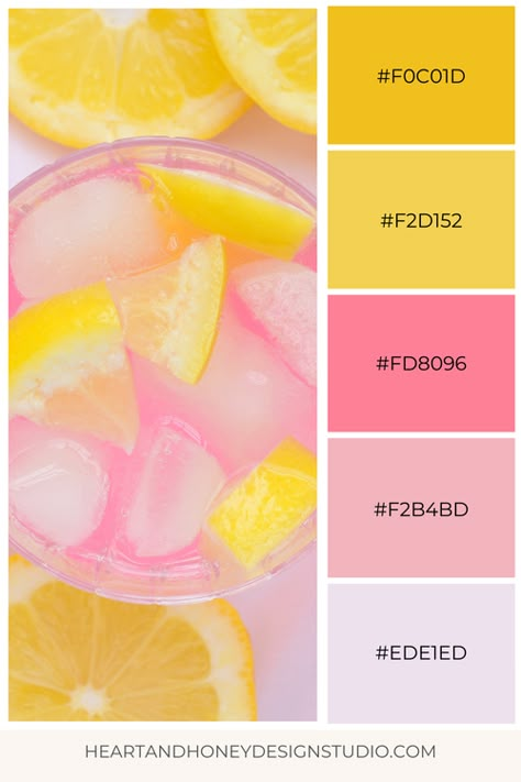 Color Palette Inspiration - Summer Vibes — Heart + Honey Design Studio | Squarespace Web Design Canva Summer Color Palette, Summer Fruit Color Palette, August Colors Palette, Strawberry Lemonade Color Palette, Colors For Website Design, Yellow Summer Color Palette, Color Palette Design Modern, Sorbet Color Palette, Bubble Color Palette