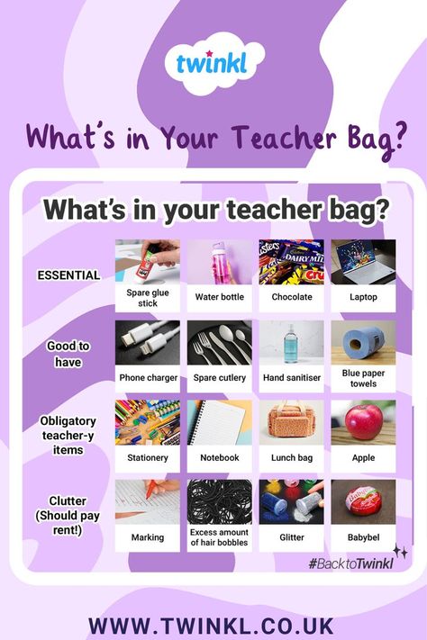 What's in Your Teacher Bag? Back to School Ideas Substitute Teacher Bag, Back To School Ideas, School Backpack Essentials, Teacher Must Haves, Substitute Teaching, Teacher Bag, School Bag Essentials, Backpack Essentials, Teacher Bags