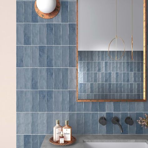 Gradient Subway Tile Collection - iTileMosaic Blue Vertical Tile Bathroom, Blue Backsplash Bathroom, Tile Accent Wall Bathroom, Blue Tile Bathroom, Bathtub Tile Surround, Light Blue Tile, Blue Shower Tile, Tile Accent Wall, Blue Subway Tile