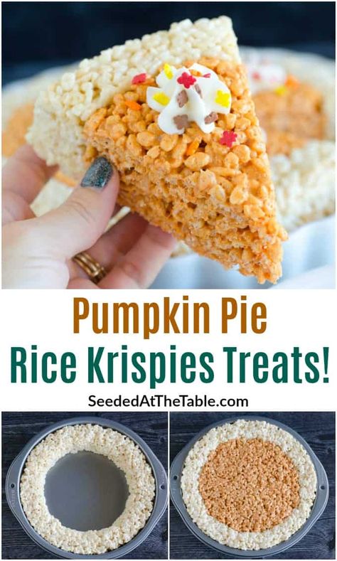 Rice Krispie Treat Pumpkin Pie, Rice Krispie Treats Thanksgiving Ideas, Thanksgiving Desserts Kids Easy, Thanksgiving Rice Krispie Treats Ideas, Thanksgiving Potluck Ideas For Kids, Thanksgiving Potluck Ideas Desserts, Thanksgiving Class Treats, Kids Thanksgiving Treats, Thanksgiving Kid Recipes