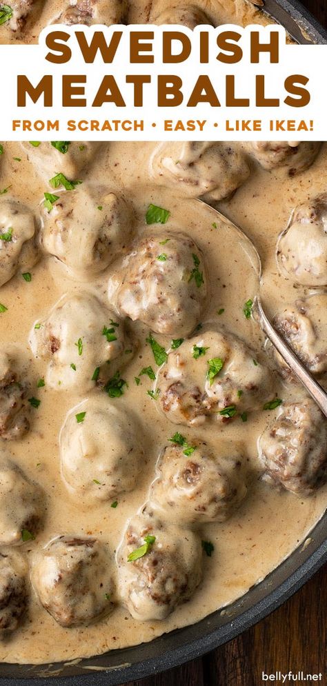 Homemade Swedish Meatballs coated in a simple, but rich gravy sauce that is completely luscious! This from scratch recipe is so easy and even better than the ones you get at IKEA! Serve over mashed potatoes, rice, or egg noodles. Classic comfort food and a great dinner the entire family will ask for again and again! Classic Swedish Meatballs, Ikea Meatball Sauce Gravy, Sweden Meatballs Recipe, Sweden Meatballs, Swedish Meatballs With Egg Noodles, Meatball Gravy Recipe, Sweetish Meatballs Recipe, Meatballs Over Rice, Best Swedish Meatballs