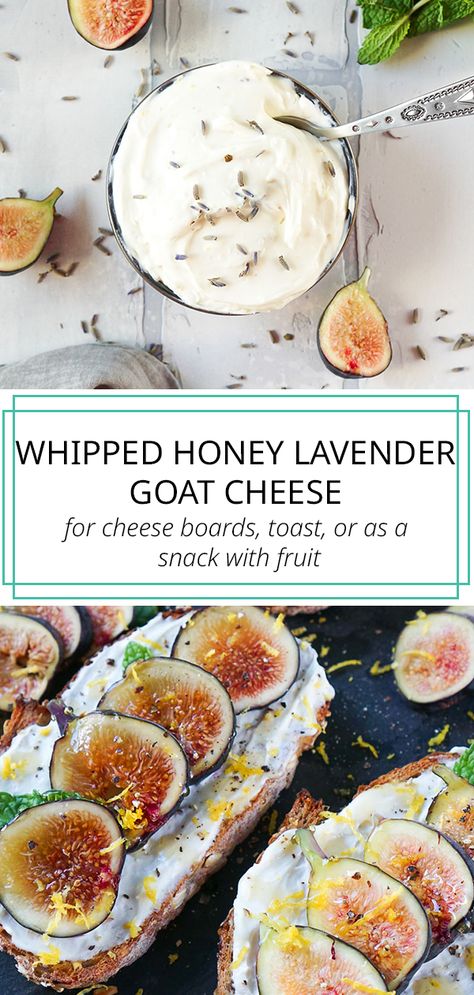 Honey Lavender Whipped Goat Cheese is perfect for slathering on toast and a fun addition to any cheese board. Whipped goat cheese is so quick and easy to make, and one of my favorite snacks! #whippedgoatcheese #goatcheese #cheeseboard Fig Toast, Goat Cheese Toast, Fig And Goat Cheese, Cheese Toast Recipe, Lavender Festival, Whipped Honey, Whipped Goat Cheese, Friends Recipes, Lavender Recipes