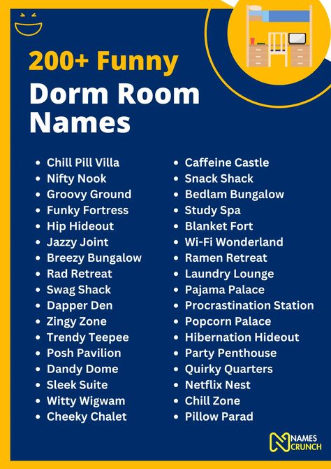 Unleash the laughter with over 200 hilarious dorm room names! 🛏️😂 Perfect for making your college years even more memorable or just to have a good laugh. Pin and share with fellow students or those looking to add a touch of humor to their living space! #DormRoomLaughs #FunnyNames Room Names Ideas, Funny Dorm Room, Cool Dorm, Snack Shack, Chill Zone, Natural Hair Growth Tips, College Names, Cool Dorm Rooms, Blanket Fort