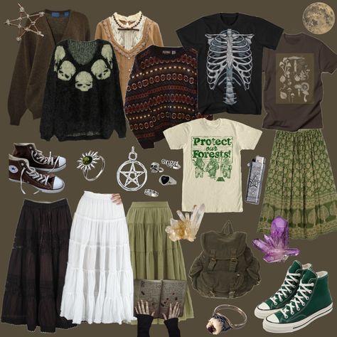 aesthetic 
fairygrunge
forestcore
goblincore
fairycore
clothing
clothinginspo
clothes
cute
forest
ghost
witchcraft
witch
crystals Earth Witch Outfit Aesthetic, Forest Inspired Clothes, Village Core Outfit, Earthy Alternative Aesthetic, Goblincore Outfits Winter, Forest Core Outfits Grunge, Goblincore Fashion Feminine, Forest Goth Outfits, Forest Punk Aesthetic Outfits