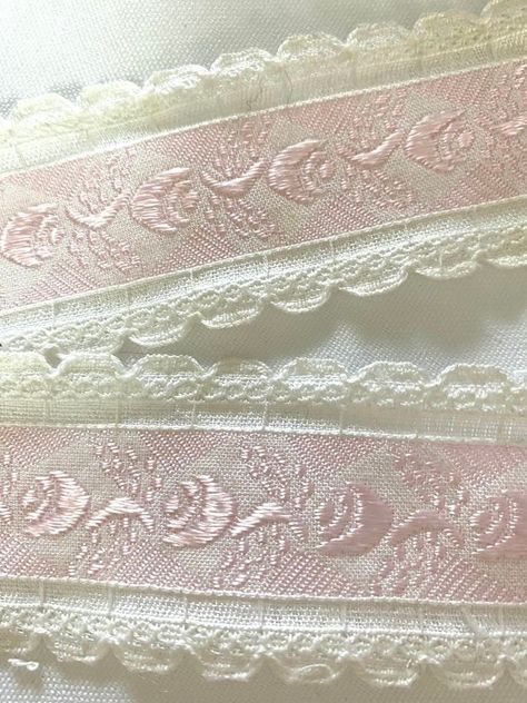 This lovely pink jacquard ribbon is further enganced with elegant scalloping on both sides.  Beautiful, classic addition to clothing, bedding and home accessories.  Vintage item in like new condition. 1 3/4" Made in Italy Pink Fabrics, Cotton Ribbon, Coquette Fabric, Pink Ribbon Coquette, Pink Lace Ribbon, Pink Lace Fabric With Flower Embroidery, Pink Silk Embroidered Fabric With Intricate Detail, Luxury Pink Lace Embroidered Fabric, Vintage Ribbon