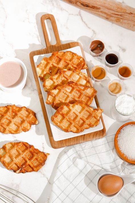 Croffle Aesthetic Korean, Waffle Photography Ideas, Waffle Photography Food Styling, Waffle Photoshoot, Croffle Photography, Croffle Menu, Waffles Pictures, Croffle Aesthetic, Waffle Croissant