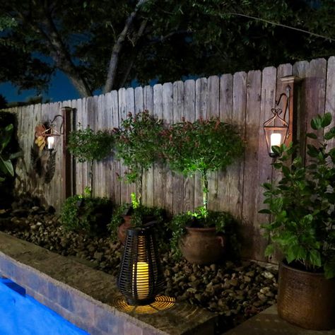 Pool Landscaping Lighting Ideas, Plants For Pool Area, Townhome Patio, Hidden Pool, Pool Lighting, Oasis Pool, Pool Gate, Outdoor Gardens Landscaping, Outside Pool