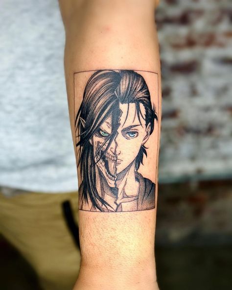 Attack on Titan Tattoos: A Tribute to the Titans and Humanity - Body Artifact Aot Tattoo Eren, Eren Eyes Tattoo, Aot Anime Tattoo Ideas, Eren Tattoo Ideas, Eren Jaeger Tattoo Ideas, Attack Titan Tattoo, Attack On Titan Tattoo Eren, Anime Forearm Tattoo, Eren Yeager Tattoo