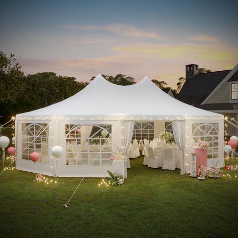 PRICES MAY VARY. Upgraded Galvanized Frame: This upgraded heavy-duty party tent adopts 1.1-inch diameter white powder-coated steel pipe, which is rust-proof and durable. Additional corner reinforcement poles create a unique triangular structure that provides strong support for the tent. The thickened base makes the tent more stable and sturdy High-Quality Thickened Fabric: The roof of this wedding tent is made of 180GSM PA polyester fabric, which is 100% waterproof and 99% UV-resistant. And 160G White Wedding Tent, Tent For Party, White Tent Wedding, Party Gazebo, Connection Design, Tent Wedding Reception, Backyard Tent, Events Place, Outdoor Gazebo