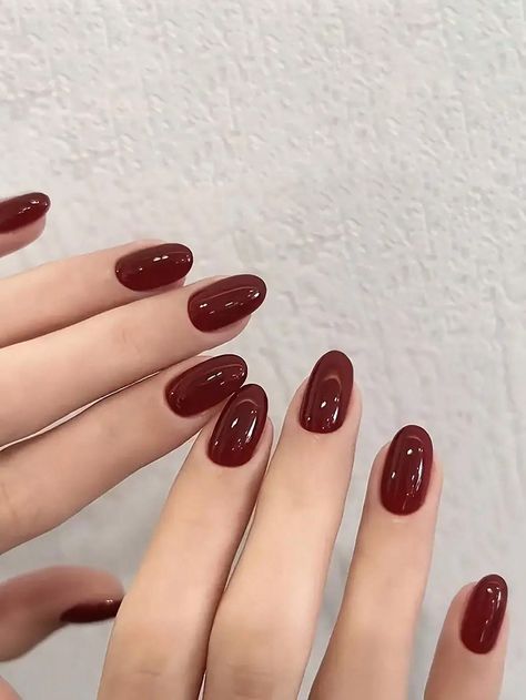 Nail Short, Wine Nails, Simple Fall Nails, Short Press On Nails, Cherry Nails, Short Almond, Burgundy Nails, Jelly Nails, Oval Nails