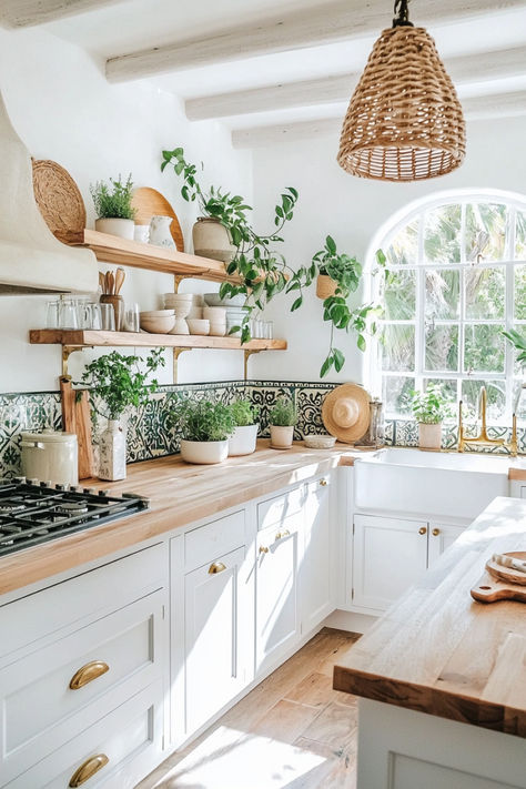 Kitchen wall adorned with Bohemian-inspired paintings, plants, and decor, enhancing the warm, artistic vibe. Simple Boho Kitchen, Beach Cottage Aesthetic, Kitchen Painting Ideas, Coastal Boho Kitchen, Kitchen Ideas Remodel, Boho Farmhouse Kitchen, Boho Chic Kitchen, Earthy Kitchen, Boho Kitchen Ideas