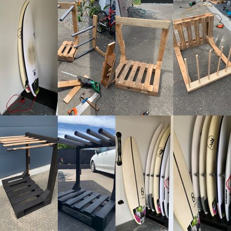 Recycled and rebuild my old wooden pallet surfboard rack. This is the V2 of the origonal rack still visible on Pintrist. Surfboard Storage Shed, Skate Board Rack Diy, Diy Surfboard Rack, Board Rack Diy, Surf Board Rack, Diy Surfboard, Surfboard Stand, Surfboard Storage, Skateboard Rack