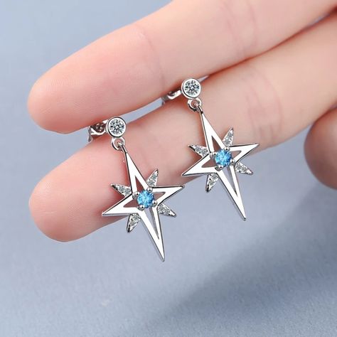 S925 Blue Cubic Zirconia Star Earrings. Stone:Cubic Zirconia Metal :925 Sterling Silver 100% Lead And Nickle Free 100% Hypoallergenic Will Not Tarnish Comfortable Fitting Suitable For Different Occasions Like Wedding, Engagement,Anniversary Graduation,Date Night, Thanksgiving, Christmas, Mother's Day,Birthday, Valentines Day And Other Occasions. Feel Free To Message Me With Any Questions. Enjoy Your Shopping!!! Silver Star Earrings, Fashion Star, Pola Gelang, Magical Jewelry, Star Earrings Stud, Fancy Jewelry, Fantasy Jewelry, Silver Gifts, Girly Jewelry