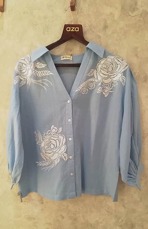 Buy Blue Linen Blend Embroidered Floral Shirt For Women by ORIGANI Online at Aza Fashions. Machine Embroidery Designs For Blouse, Casual Blouse Designs, Women Tops Design, Floral Embroidered Shirt, 2024 Ideas, Machine Work, Summer 2025, Dress Design Patterns, Elegant Blouses