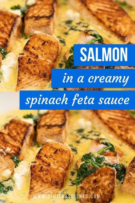 Easy and healthy pan seared salmon recipe that comes together in 30 minutes. The creamy feta and spinach sauce is filling, low-carb, and perfect for a weeknight meal and elegant enough or a dinner party. #seafood #lowcarb #30minutemeals #easydinner #dimitrasdishes Feta Sauce, Dimitras Dishes, Seared Salmon Recipes, Spinach Sauce, Salmon Recipes Pan Seared, Feta Cheese Recipes, Salmon Spinach, Sauce For Salmon, Creamy Feta