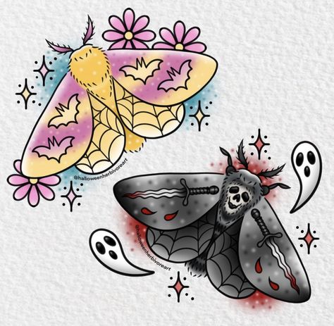 Cryptid Flash Tattoo, Mother Daughter Spooky Tattoos, 80s Themed Tattoos, Pastel Halloween Tattoo, Halloween Moth Tattoo, Spooky Knee Tattoos Women, Neotraditional Halloween Tattoo, Bunnicula Tattoo, Matching Moth Tattoos