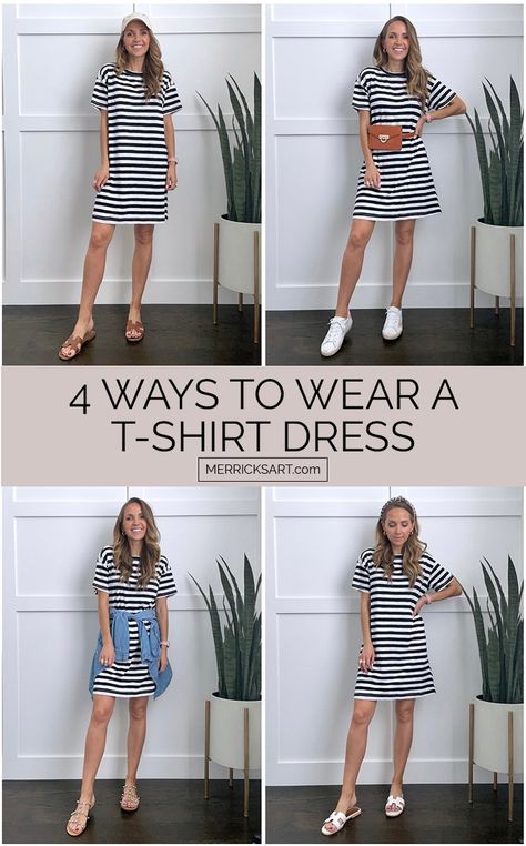 4 Cute T-Shirt Dress Outfits | Merrick's Art Shirt Dress Ideas, Shirt Dress Street Style, T Shirt Dress Outfit, Tshirt Dress Outfit, Slippers Outfit, Lifestyle Dresses, Shirt Dress Pattern, Casual Work Outfits Women, Shirt Dress Outfit