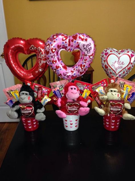 Monkey Valentine, Fun Valentines Day Ideas, Candy Balloons, Valentines Day Baskets, Valentine Gift Baskets, Valentine's Day Decorations, Valentine Baskets, Valentine's Day Gift Baskets, Valentine Bouquet