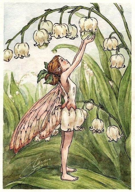 Fairy In Garden Drawing, Fairy Lily Of The Valley, Fairy Theme Drawing, Mushroom Fairy Illustration, Old Storybook Illustrations, Fairy Core Paintings, Fairy Garden Sketch, Storybook Art Vintage, Flower Fairy Drawing