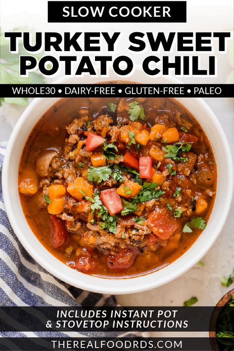 It's time for some soul-warming Chipotle Turkey Sweet Potato Chili that can be made either on the stovetop, in a slow cooker, or in your Instant Pot. Sweet potatoes stand in for beans in this chipotle turkey chili recipe to make it Whole30-friendly but if you can't imagine chili without beans, feel free to add some for additional fiber and protein. || The Real Food Dietitians || Turkey And Sweet Potato Chili, Turkey Sweet Potato Chili, Turkey And Sweet Potato, Sweet Potato Chili Recipe, Chili Without Beans, Turkey Sweet Potato, Potato Chili, Cafe Rio, Chili Recipe Turkey