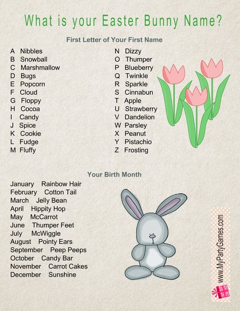 Free Printable What is Your Easter Bunny Name? Game What Is Your Easter Bunny Name, Easter Bunny Name, Esl Materials, Game Card Design, Name Game, Bunny Names, Easter Games, Easter Printables Free, Room Mom