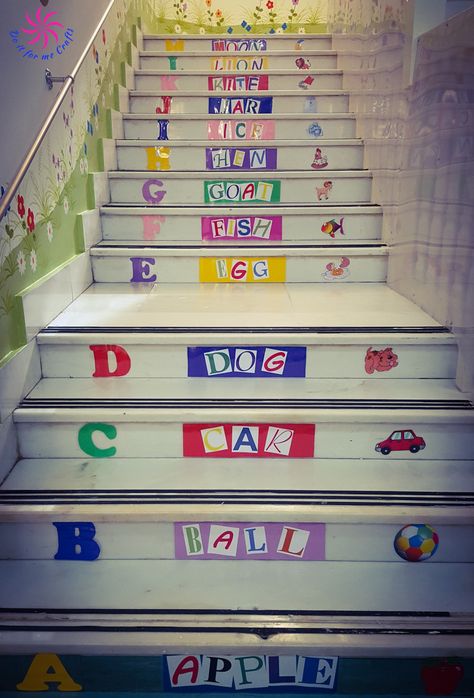 Stairs decor for schools & nurseries !! #stairdecor #schoolideas #nurseryideas #alphabetcrafts #diy #crafts #ideas School Stairs Decoration Ideas, School Staircase Decorations, School Staircase, Learning Stair Education Design, Alphabet Wall Painting In School, School Hallway Decorations, Garden Crafts For Kids, Basement Decoration, Kids Nursery Art