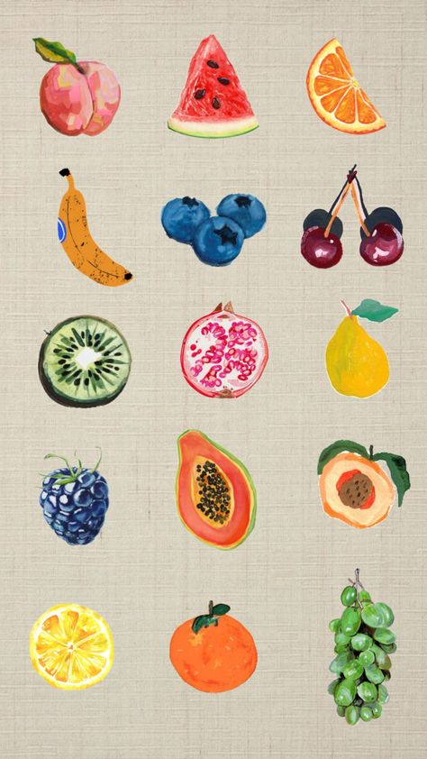 #fruit Aesthetic Fruit Drawing, Shuffle Stickers, Fruit Mural, Fruit Doodles, Fruit Doodle, Fruit Coloring, Fruit Aesthetic, Painted Fruit, Retro Painting