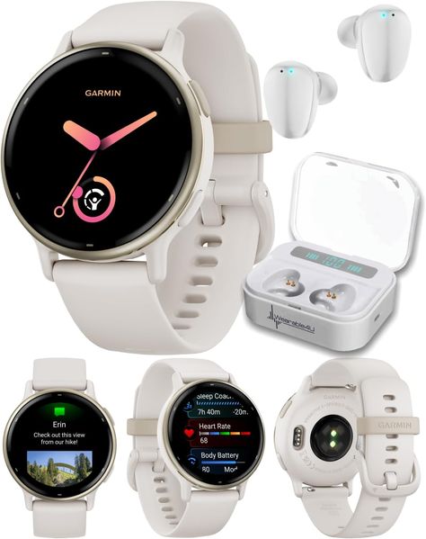 Wearable4U - Garmin Vivoactive 5 Health and Fitness GPS Smartwatch, 1.2in AMOLED Display, Up to 11 Days of Battery, Cream Gold Aluminum Bezel with White Earbuds Bundle Sleep Stages, White Earbuds, Fitbit Watch, Touch Screen Display, Garmin Watch, Cream And Gold, Battery Life, Touch Screen, Fitbit