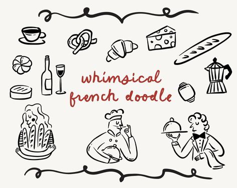 French Cartoon Illustration, Croissant Doodle, French Doodle, Croissant Baguette, Wine Tasting Card, French Cartoons, French Illustration, Cocktail Illustration, Line Doodles