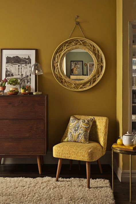 Discover the ultimate guide to retro revival with a trendy mustard yellow accent. Transform your space with style! #ad     #Colortrend #wallpaint2024  #color2024  #DIYpainting  ##DIYhomedecor  #Fixhome Mustard Yellow Living Room Walls, Mustard Yellow Laundry Room, Ochre Paint Color, Mustard Yellow Room, Mustard Yellow Living Room, Mustard Yellow Paint Colors, Living Room Mustard, Yellow Accent Wall, Yellow Walls Living Room