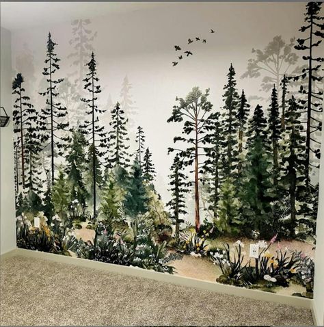 Watercolor Woodland Wall Mural WM026 – CostaCover Into The Woods Nursery, Boys Room Forest Theme, Woodland Wall Painting, Woodland Nursery Wall Color, Wall Mural Nature, Forest Nursery Wallpaper, Woodland Mural Nursery, Mural Ideas Bedroom, Mountain Accent Wall Nursery