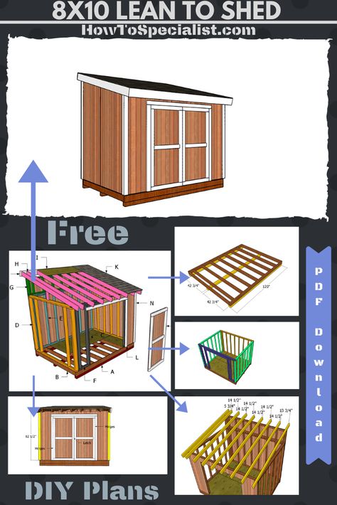 Easy to follow tutorial on how to build a 8x10 lean to shed. This shed makes for the perfect addition to the backyard, as it features double front doors for an easy access. PDF Download and Print friendly. Full Cut & Shopping lists included. #shed #leantoshed #gardenshed Diy 8x10 Shed, 8x10 Lean To Shed Plans, Simple Shed Plans Easy Diy, Diy Shed Plans 8x10, Diy Storage Shed Cheap Easy, How To Build A Shed Cheap Easy Diy, Diy Shed Cheap Easy, Lean To Storage Shed, Lean To Storage