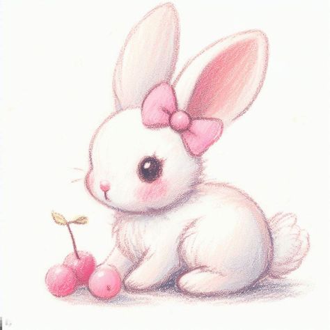 Coquette white bunny with bow, trendy, soft art, kawaii art, cute color pencil sketch, Japanese art, Korean art Drawing Cute Rabbit, Cute Rabbit Painting, Cute Drawings Rabbit, Couqutte Aesthetic Drawing, Coquette Animals Painting, Cute Drawings Bunny, Pink Bunny Drawing, Aesthetic Bunny Drawing, Drawing Ideas Coquette