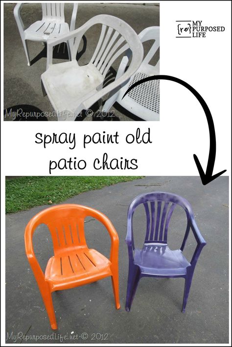 How to spray paint plastic chairs. You know those old white chairs you have? They are pitted and ugly? Easy fix with some colorful spray paint! Spray Paint Plastic Chairs, Painting Plastic Furniture, Painting Old Chairs, Painting Plastic Chairs, Paint For Plastic, Painted Metal Chairs, Spray Paint Chairs, Plastic Patio Furniture, Plastic Outdoor Furniture