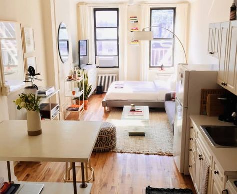 A 250-Square-Foot NYC Studio Was a Home and Workspace for This Couple | Apartment Therapy Main | Bloglovin’ Apt Layout, Studio Decorating, Cozy Studio Apartment, Tiny Studio Apartments, Studio Layout, Studio House, Studio Apartment Design, Studio Apartment Living, Small Apartment Interior